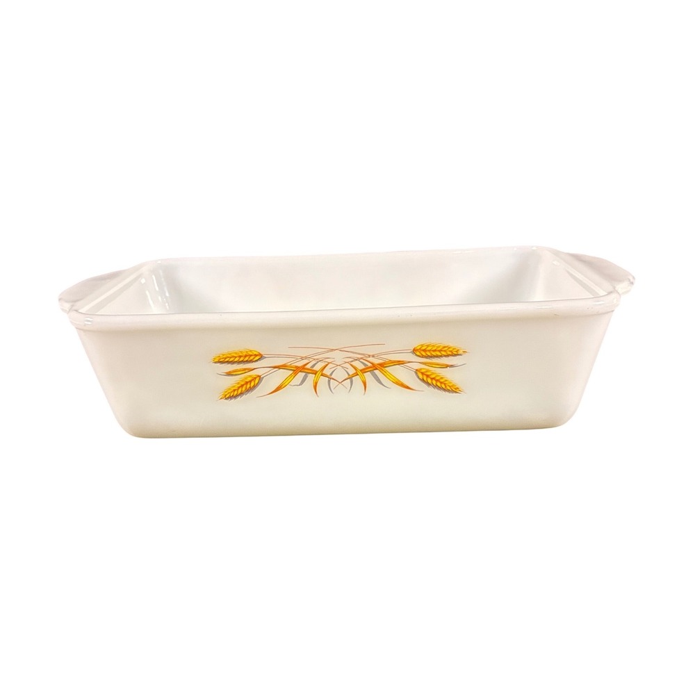 Fire King Loaf Pan Dish Reverse Stamp Logo Wheat Milk Glass Vintage 409 1 quart